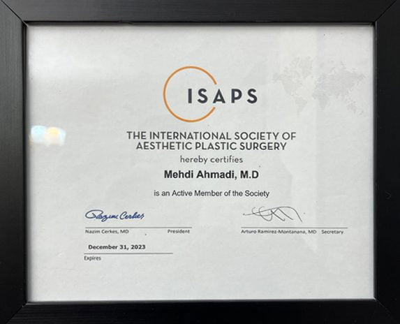 گواهی عضویت در انجمن بین المللی جراحان پلاستیک
